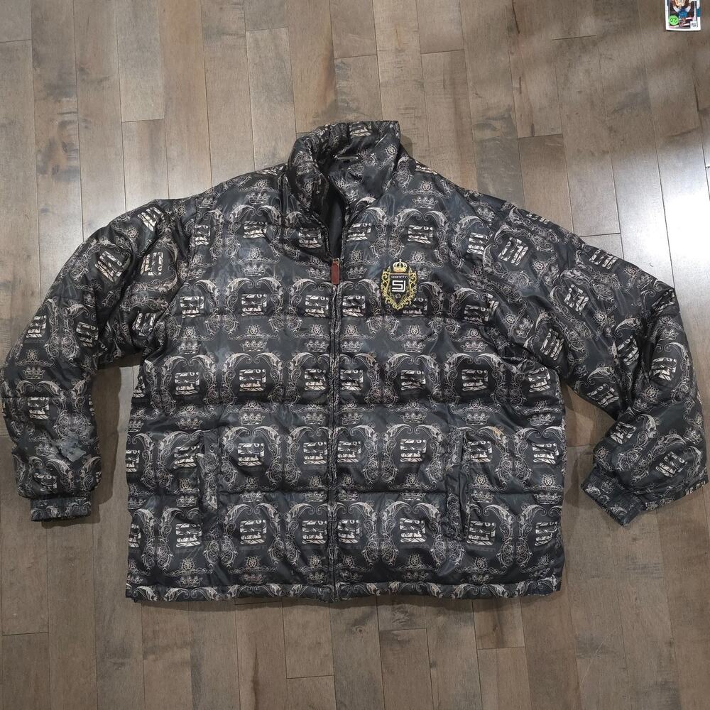 Sean John Puffer Jacket 2XL Black Full Zip Crown Crest Monogram Print Coat